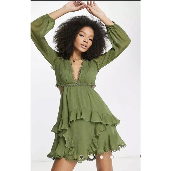 ASOS | Dresses | Asos Design Mini Dress Long Sleeve Circle Trim Green Cut  Out Waist Size 2 | Poshmark
